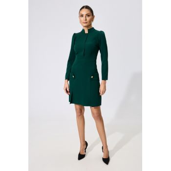 Rochie Moze office cu butoni pe fusta si guler tip tunica Atria Verde