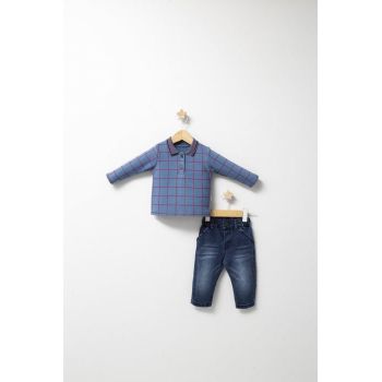 Set 2 Piese cu Bluza si Pantaloni de Blugi Forest pentru Baietei , Tongs Baby, Albastru, 12-18 luni