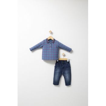 Set 2 Piese cu Bluza si Pantaloni de Blugi Forest pentru Baietei , Tongs Baby, Albastru, 6-9 luni