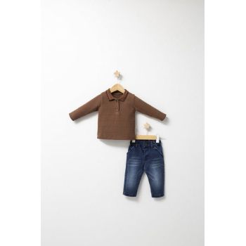 Set 2 Piese cu Bluza si Pantaloni de Blugi Forest pentru Baietei , Tongs Baby, Maro, 18-24 luni