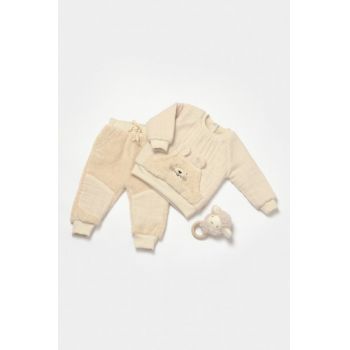 Set bluza cu buzunar si pantaloni Ursulet, Winter muselin, 100% bumbac dublat - Stone, BabyCosy, 12-18 luni