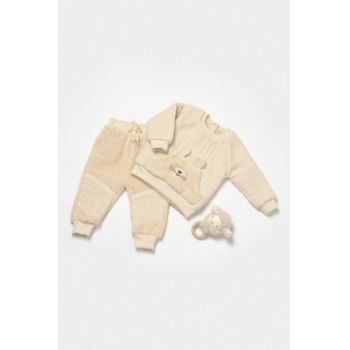 Set bluza cu buzunar si pantaloni Ursulet, Winter muselin, 100% bumbac dublat - Stone, BabyCosy, 18-24 luni