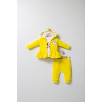 Set Pantaloni, Bluza si Hainuta cu Gluga Eleganta pentru Bebelusi Crazy Penguins , Tongs Baby, Galben, masura 6-9 luni