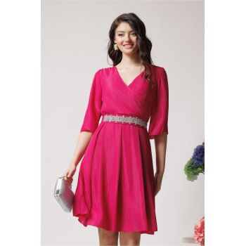 Rochie Ella Collection Ania eleganta din voal fucsia cu fir lurex si cordon in talie