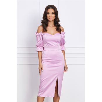 Rochie Ella Collection Sarah eleganta din tafta roz cu umerii goi