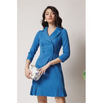 Rochie Moze office din stofa bleu tip sacou cu pliuri la baza