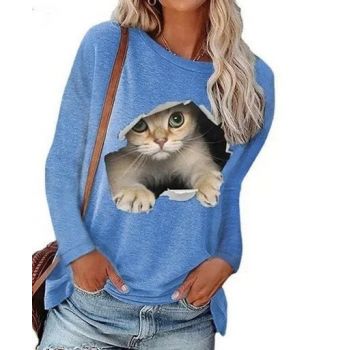 Bluza dama cu maneca lunga, Cute Kitty, print deosebit, blue