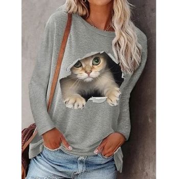 Bluza dama cu maneca lunga, Cute Kitty, print deosebit, gri