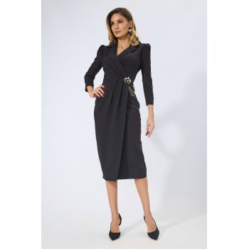 Rochie de ocazie cu model petrecut si brosa in talie Latisha Neagra