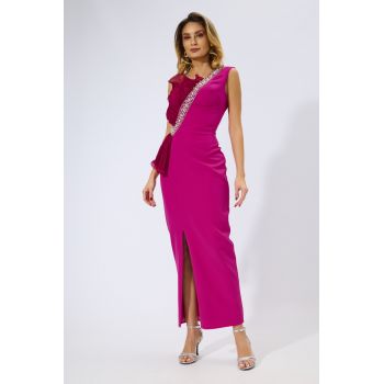 Rochie de ocazie premium tip one shoulder accesorizata cu strass-uri Allegoria Fucsia