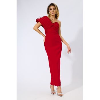 Rochie de ocazie premium tip one shoulder cu detalii 3D Confidence Rosie