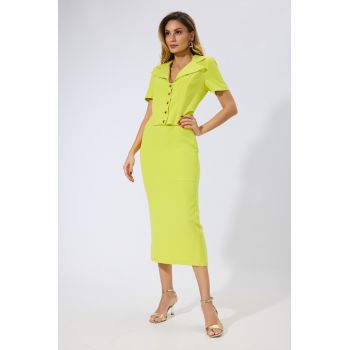 Rochie eleganta midi cu butoni si maneci scurte Dominga Lime