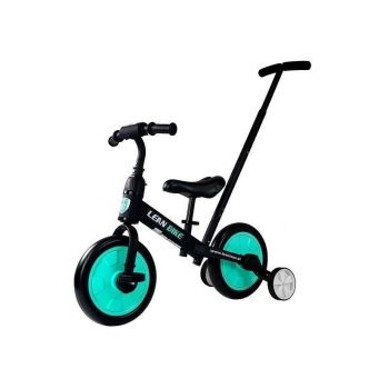 Bicicleta 3 in 1, cu pedale si roti ajutatoare pentru copii, negru-turcoaz, LeanToys, 7679