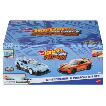 HOT WHEELS SET 2 MASINUTE METALICE PULL BACK GT-SCORCHER SI PORSCHE 911 GT3 1:43