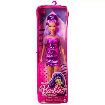 PAPUSA BARBIE FASHIONISTA CU PAR MOV CU ROCHIE CU UMERI BUFANTI