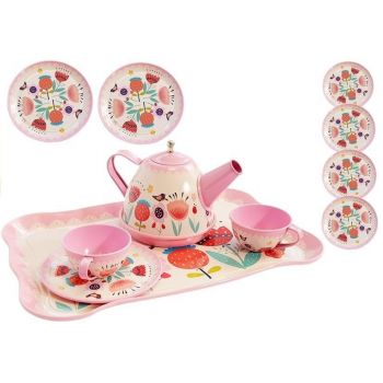 Set metalic de ceai cu floricele pentru copii, 14 piese de jucarie, LeanToys, 5818