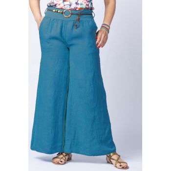 Fusta pantalon turcoaz inchis casual, din in, cu o curea fancy