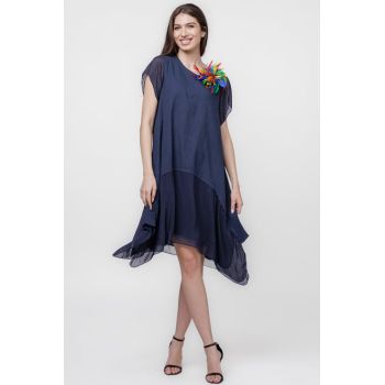 Rochie din in cu volan din matase naturala si colturi, bleumarin