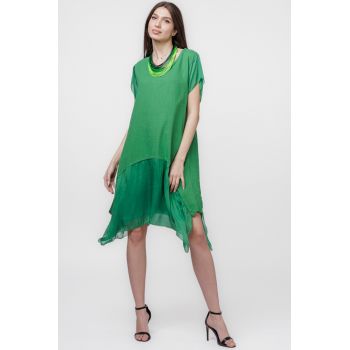 Rochie din in cu volan din matase naturala si colturi, verde