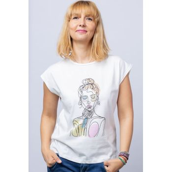 Tricou alb cu imprimeu bust fata desenata din linii, din bumbac