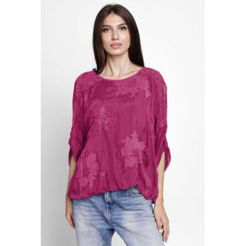 Bluza din matase naturala brodata, cu dantela pe spate, magenta