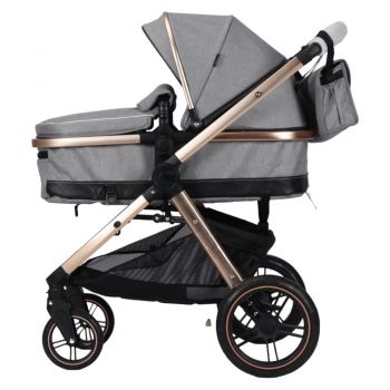 Carucior pentru copii Novokids X2000 series Gri 2 in 1 cu spatar reglabil, reversibil, landou, geanta, cadru aluminiu gold, amortizoare, roti din cauciuc plin , plasa insecte