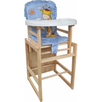 Scaun de masa pentru copii si bebe Novokids Wooden Table Chair Albastru transformabil in masuta, din lemn masiv, centura de siguranta, sezut detasabil, masuta detasabila