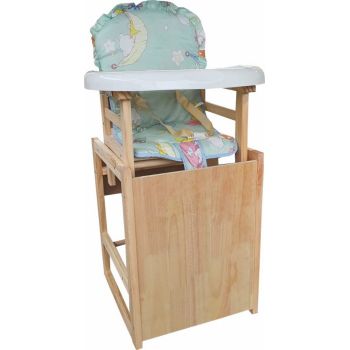 Scaun de masa pentru copii si bebe Novokids Wooden Table Chair Verde transformabil in masuta, din lemn masiv, centura de siguranta, sezut detasabil, masuta detasabila