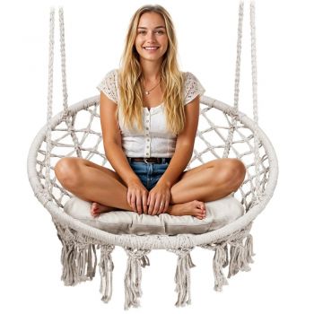 Leagan suspendat pentru copiiadulti Sofotel Boho Bej utilizare interiorexterior 80x63x57 cm, sarcina maxima 150 kg, spatar inalt, cadru metalic, perna inclusa