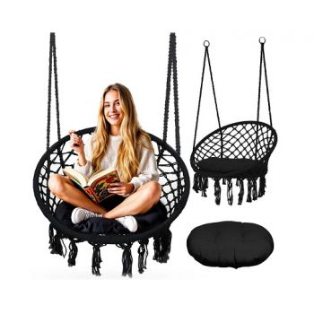 Leagan suspendat pentru copiiadulti Sofotel Boho Negru utilizare interiorexterior 80x63x57 cm, sarcina maxima 150 kg, spatar inalt, cadru metalic, perna inclusa