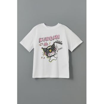 Tricou cu imprimeu desene animate si decolteu la baza gatului